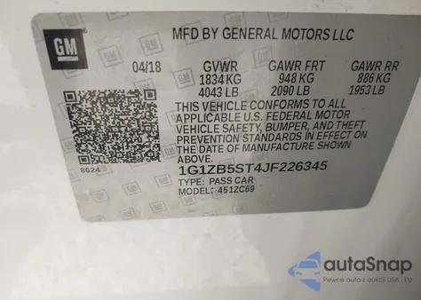 2018 Chevrolet Malibu 1Ls z USA, uszkodzony, nr VIN 1G1ZB5ST4JF226345